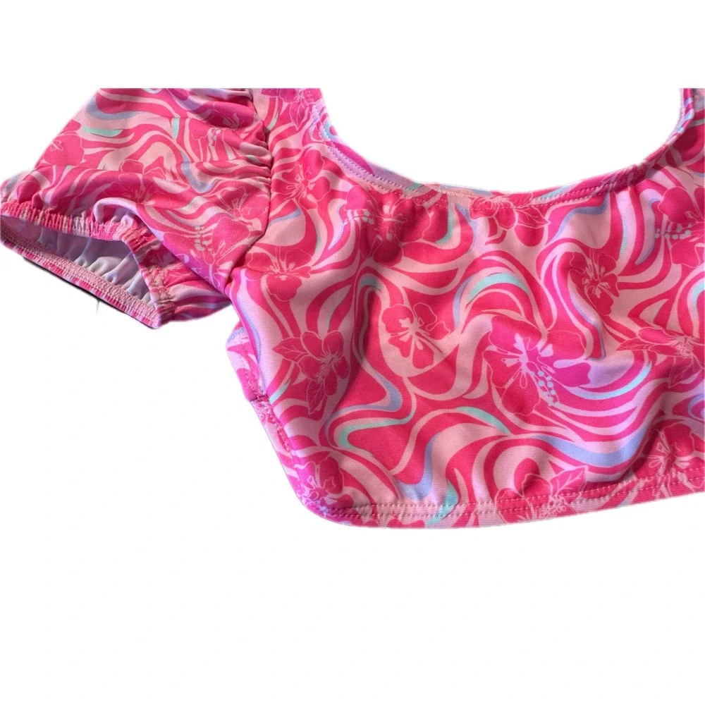 Wonder Nation Bikini Top Kids Size M 7-8 Pink Floral Puff‎ Sleeve Excellent